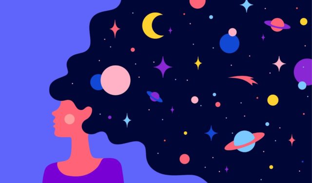 Illustration d'une femme avec des étoiles et planètes dans les cheveux, utilisée pour illustrer lM