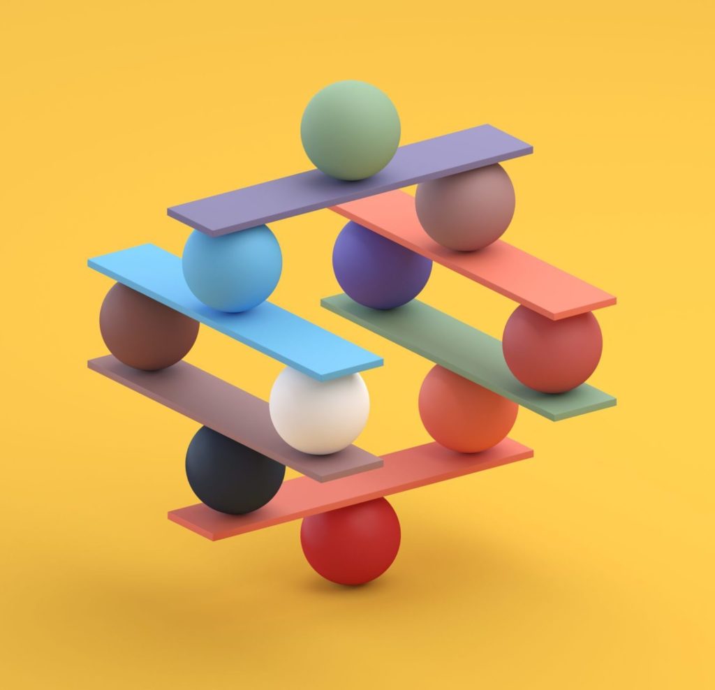 Image en 3D d'une structure construite de balles en équilibre sur des planches avec un fond jaune